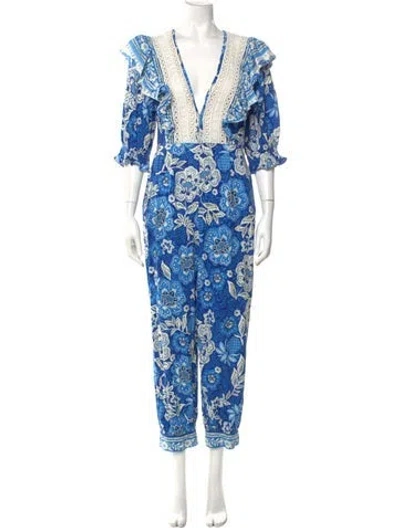 Pre-owned Farm Rio Printed Plunge Neckline Jumpsuit In Blue
