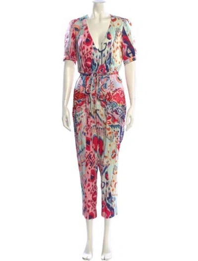 Pre-owned Farm Rio Printed Plunge Neckline Jumpsuit In Pink