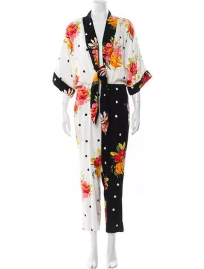 Pre-owned Farm Rio Printed Plunge Neckline Jumpsuit In White