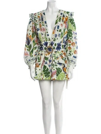 Pre-owned Farm Rio Printed Plunge Neckline Romper In Green