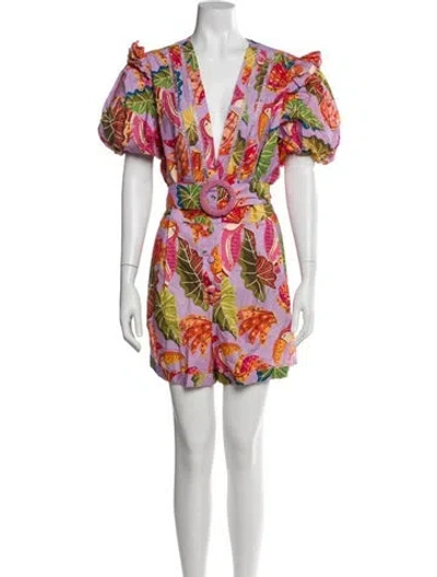 Pre-owned Farm Rio Printed Plunge Neckline Romper In Multi
