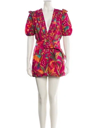 Pre-owned Farm Rio Printed Plunge Neckline Romper In Pink