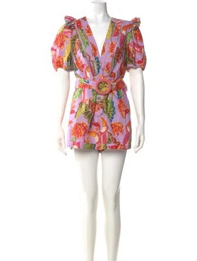 Pre-owned Farm Rio Printed Plunge Neckline Romper In Purple