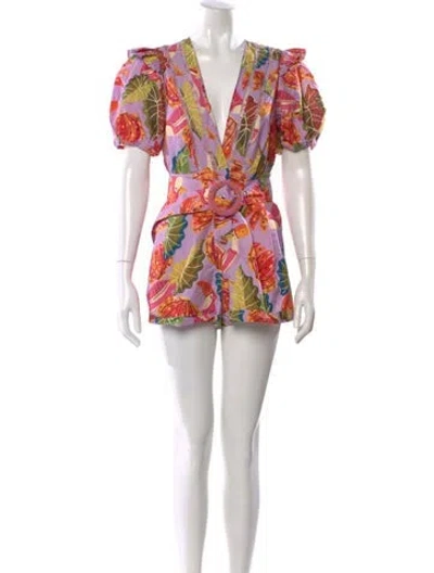 Pre-owned Farm Rio Printed Plunge Neckline Romper In Purple