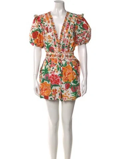 Pre-owned Farm Rio Printed Plunge Neckline Romper W/ Tags In White