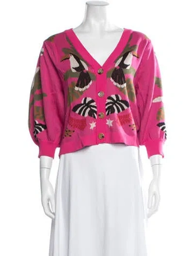 Pre-owned Farm Rio Printed Plunge Neckline Sweater In Pink