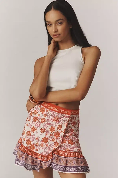 Farm Rio Printed Ruffle Mini Wrap Skirt In Red