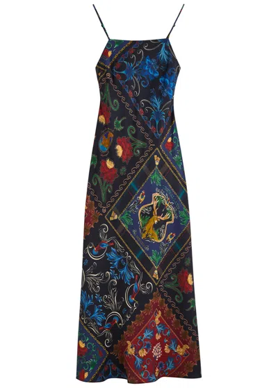 Farm Rio Printed Satin Maxi Slip Dress In Black