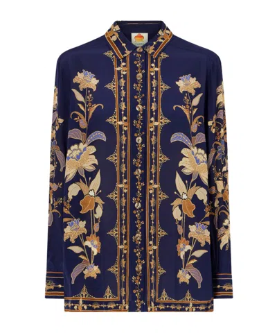Farm Rio Liz Printed Crepe De Chine Shirt In Blue