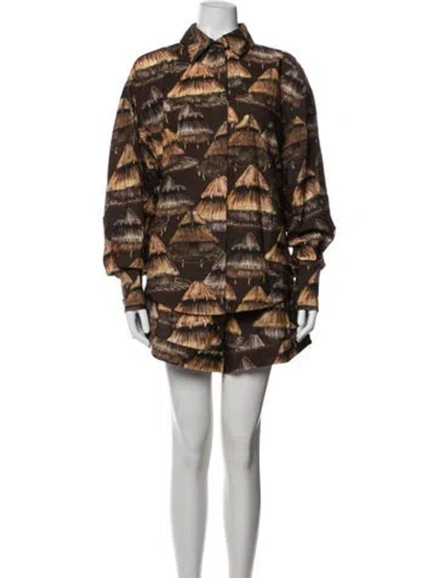 Pre-owned Farm Rio Printed Short Set In Brown