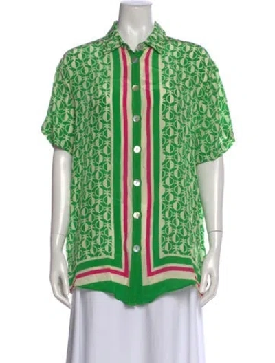 Pre-owned Farm Rio Printed Short Sleeve Blouse In Green