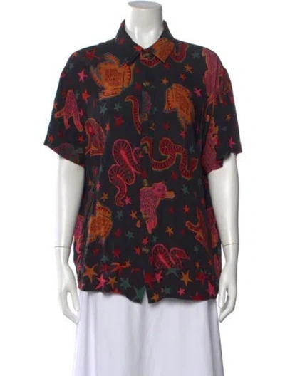 Pre-owned Farm Rio Printed Short Sleeve Button-up Top In Black