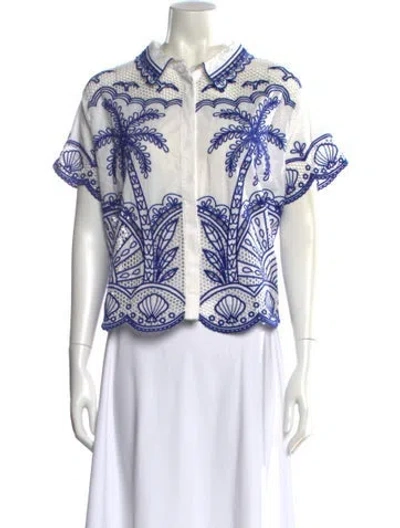 Pre-owned Farm Rio Printed Short Sleeve Button-up Top In Blue