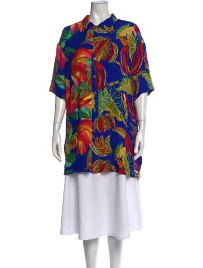 Pre-owned Farm Rio Printed Short Sleeve Button-up Top In Blue