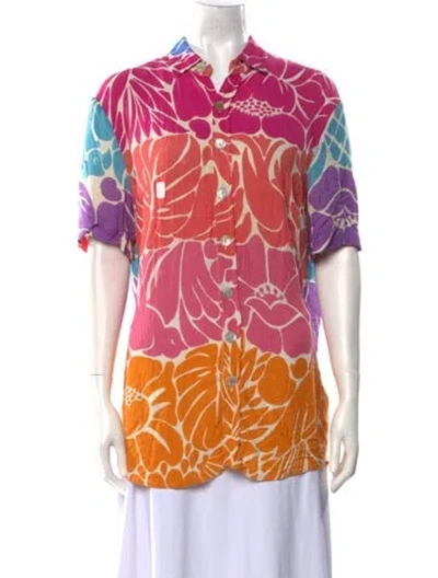 Pre-owned Farm Rio Printed Short Sleeve Button-up Top In Pink