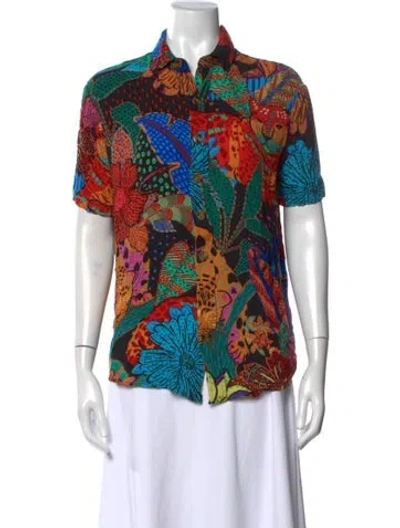 Pre-owned Farm Rio Printed Short Sleeve Button-up Top In Red