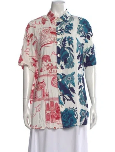 Pre-owned Farm Rio Printed Short Sleeve Button-up Top In White