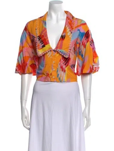 Pre-owned Farm Rio Printed Short Sleeve Crop Top In Orange