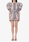 Farm Rio Belted Printed Cotton-poplin Playsuit In Multicolor