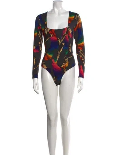 Pre-owned Farm Rio Printed Square Neckline Bodysuit In Black