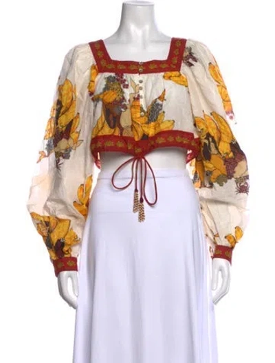 Pre-owned Farm Rio Printed Square Neckline Crop Top In White