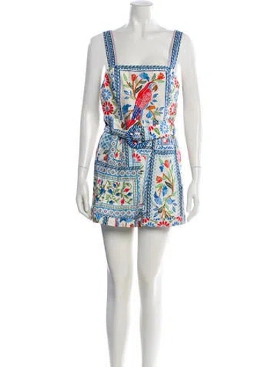 Pre-owned Farm Rio Printed Square Neckline Romper In Blue