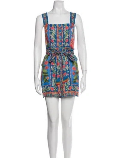 Pre-owned Farm Rio Printed Square Neckline Romper In Blue