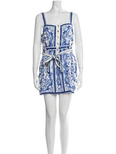 Pre-owned Farm Rio Printed Square Neckline Romper In Blue
