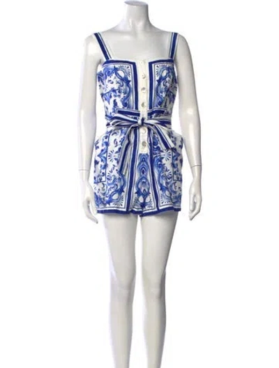 Pre-owned Farm Rio Printed Square Neckline Romper In Blue/neutrals