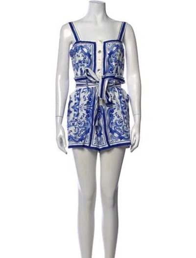 Pre-owned Farm Rio Printed Square Neckline Romper In Blue/neutrals