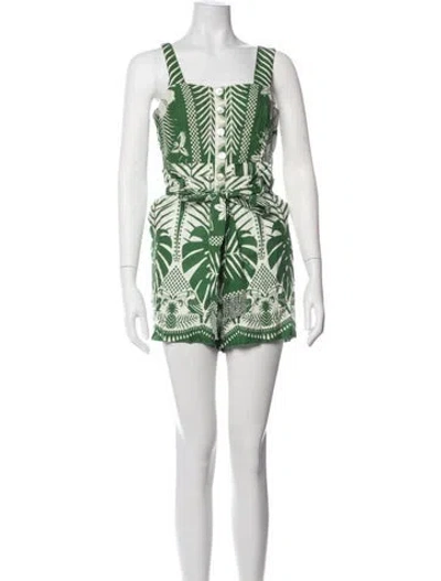 Pre-owned Farm Rio Printed Square Neckline Romper In Green
