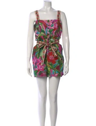 Pre-owned Farm Rio Printed Square Neckline Romper In Neutral