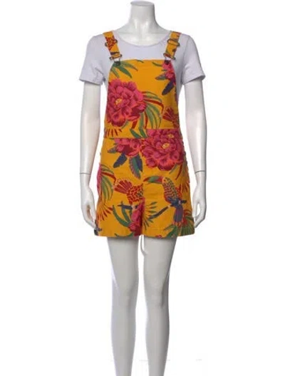 Pre-owned Farm Rio Printed Square Neckline Romper In Orange