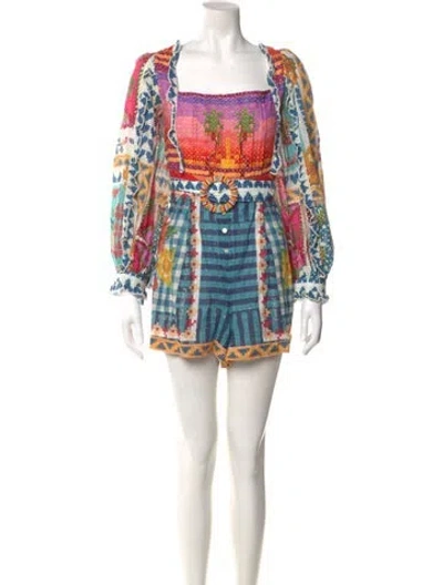 Pre-owned Farm Rio Printed Square Neckline Romper In Pink