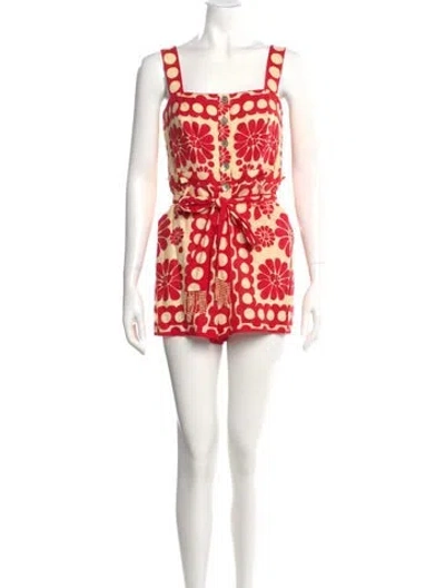 Pre-owned Farm Rio Printed Square Neckline Romper In Red