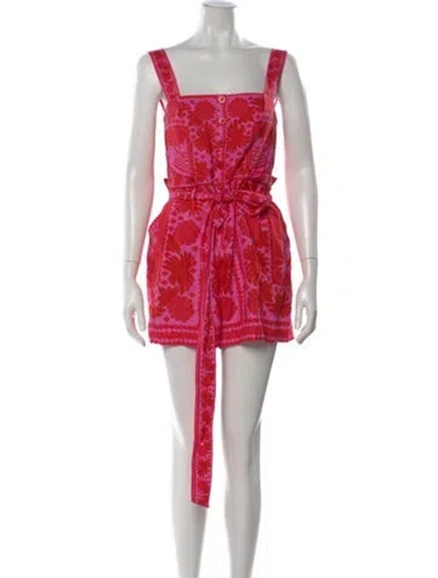 Pre-owned Farm Rio Printed Square Neckline Romper In Red