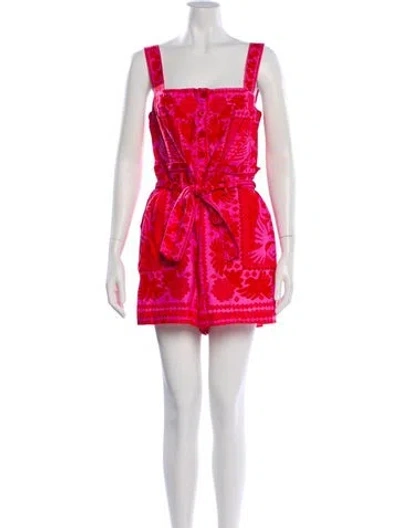 Pre-owned Farm Rio Printed Square Neckline Romper W/ Tags In Red