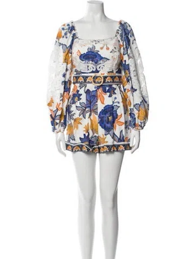 Pre-owned Farm Rio Printed Square Neckline Romper In White