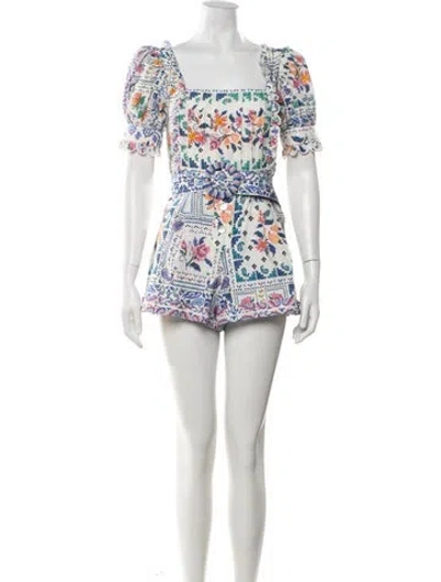 Pre-owned Farm Rio Printed Square Neckline Romper In White