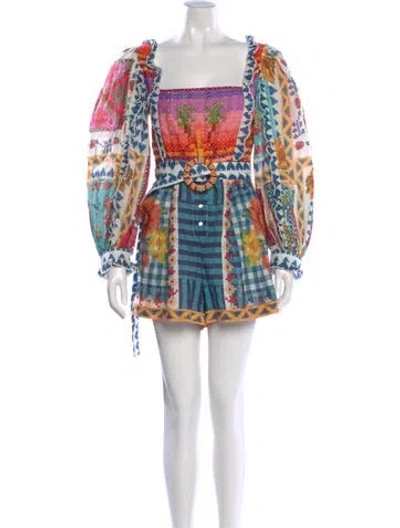 Pre-owned Farm Rio Printed Square Neckline Romper In White