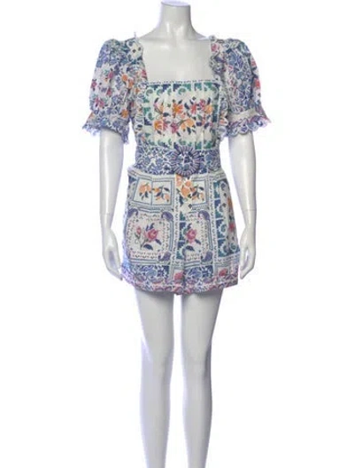 Pre-owned Farm Rio Printed Square Neckline Romper In White