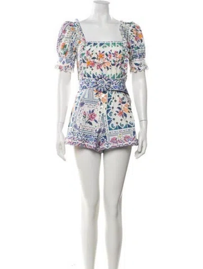 Pre-owned Farm Rio Printed Square Neckline Romper In White