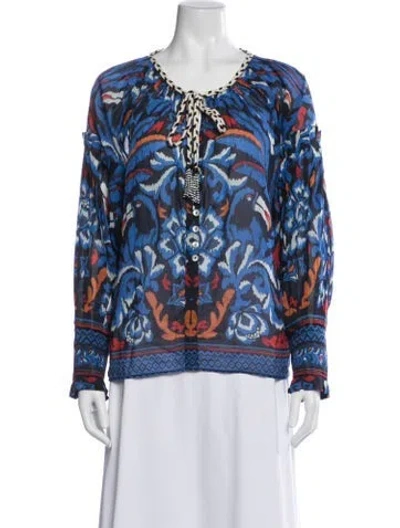 Pre-owned Farm Rio Printed Tie Neck Blouse In Blue