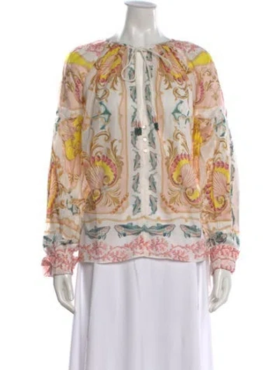 Pre-owned Farm Rio Printed Tie Neck Blouse In Neutral