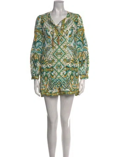 Pre-owned Farm Rio Printed Tie Neck Romper In Green