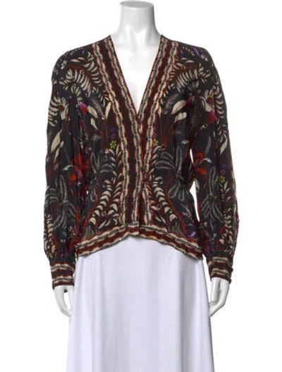 Pre-owned Farm Rio Printed V-neck Blouse In Black