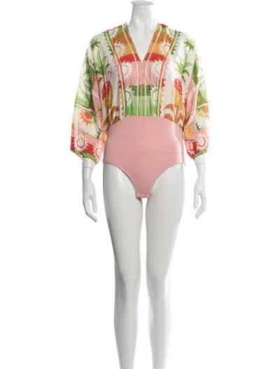 Pre-owned Farm Rio Printed V-neck Bodysuit In Neutrals