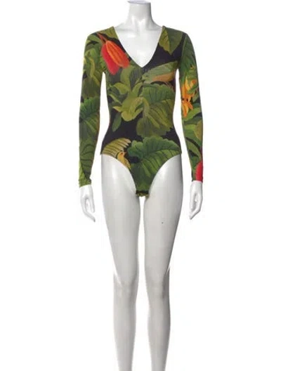 Pre-owned Farm Rio Printed V-neck Bodysuit W/ Tags In Black