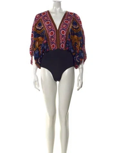Pre-owned Farm Rio Printed V-neck Bodysuit In Yellow