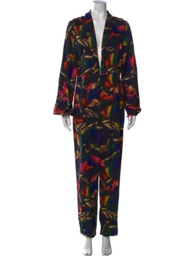Pre-owned Farm Rio Printed V-neck Jumpsuit In Black